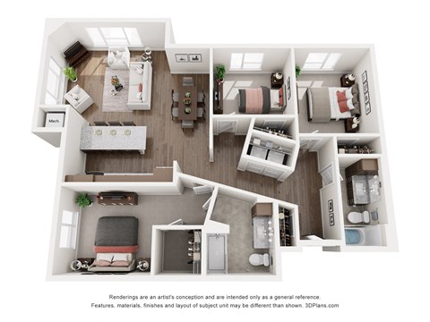 Floor plan for 3 beds, 2 baths, 1337 sqft